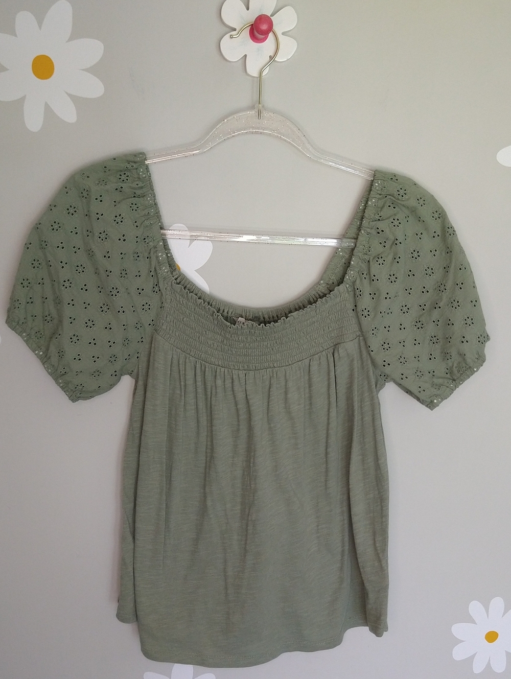 Lucky Brand Heathered Green Eyelet Puff Sleeve Boho Smocked Neckline Blouse